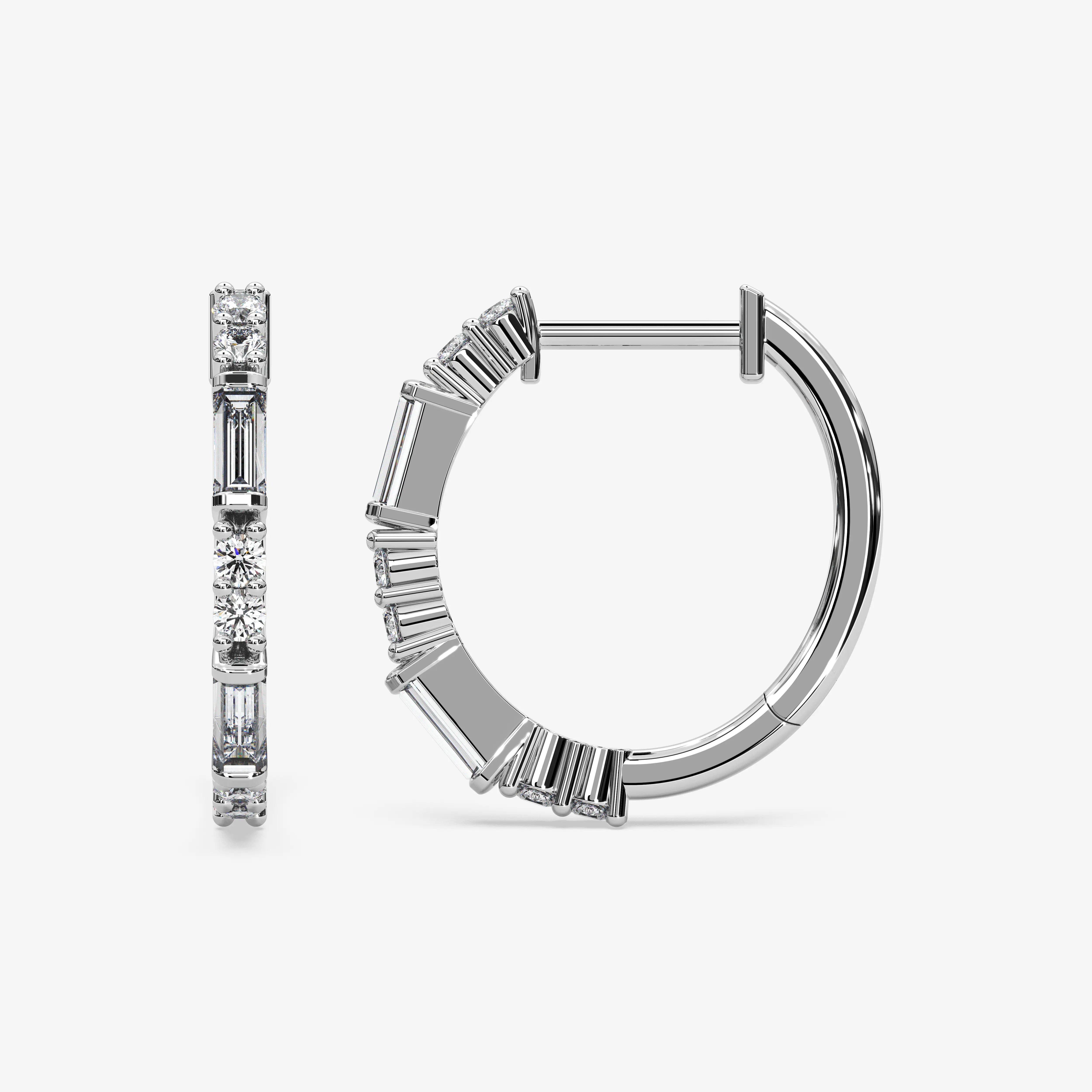 Balto aukso auskarai „Mosaico“ su briliantais ir bageto formos deimantais.